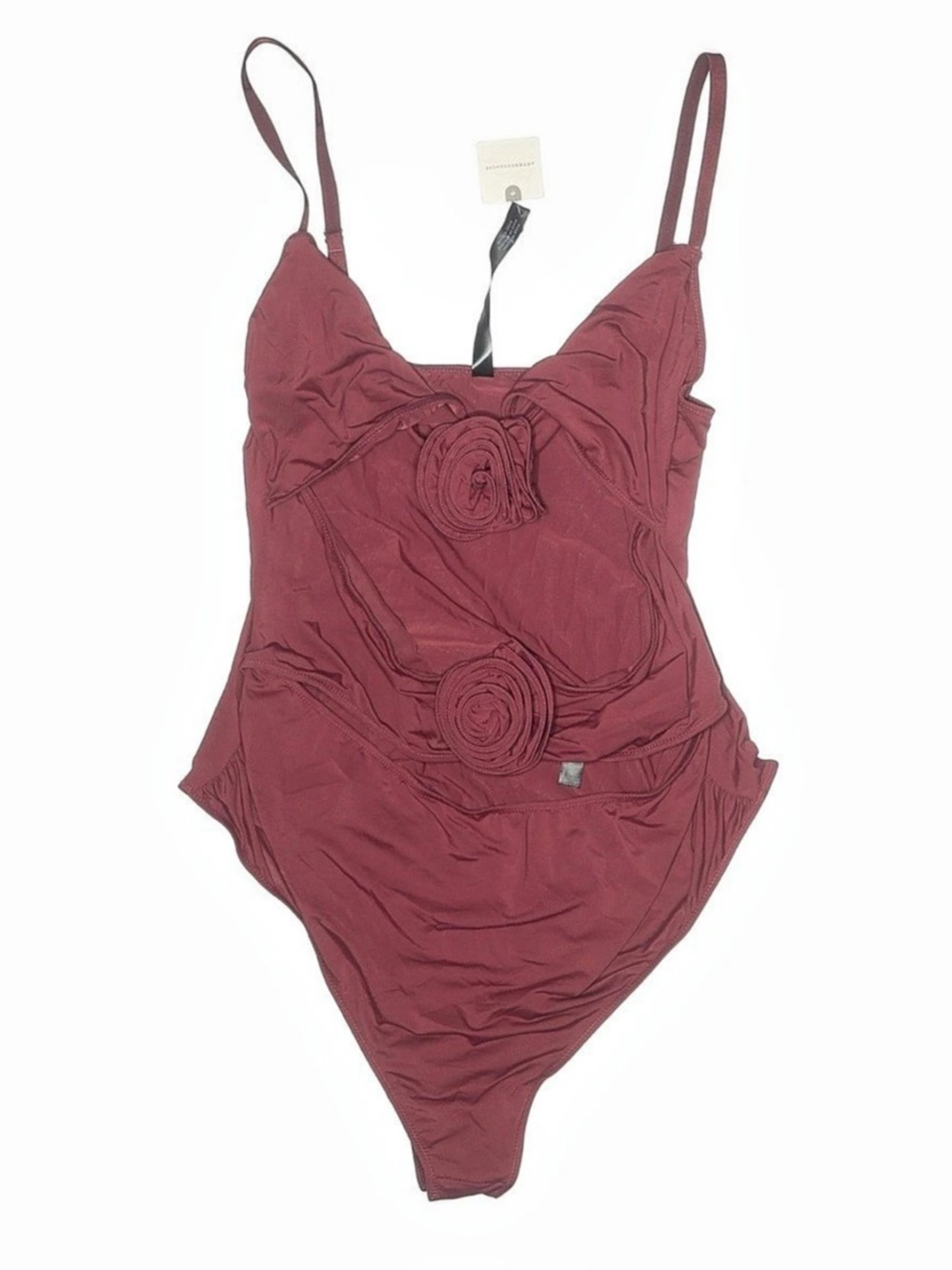 NWT Anthropologie Mauve Plum Floral Rosette Ruched One Piece Cut Out Swimsuit L